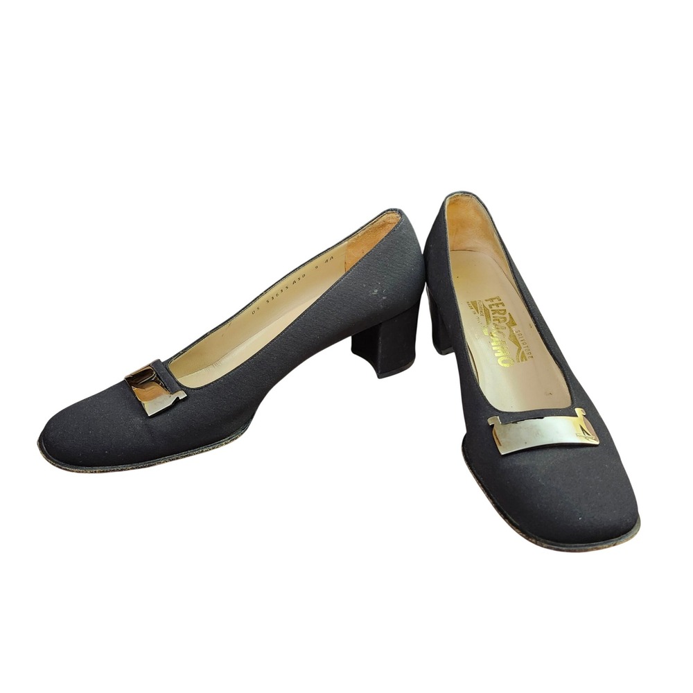 Salvatore Ferragamo Black Fabric Block Heel Pumps Square Toe DS Sz 9 4A Luxury